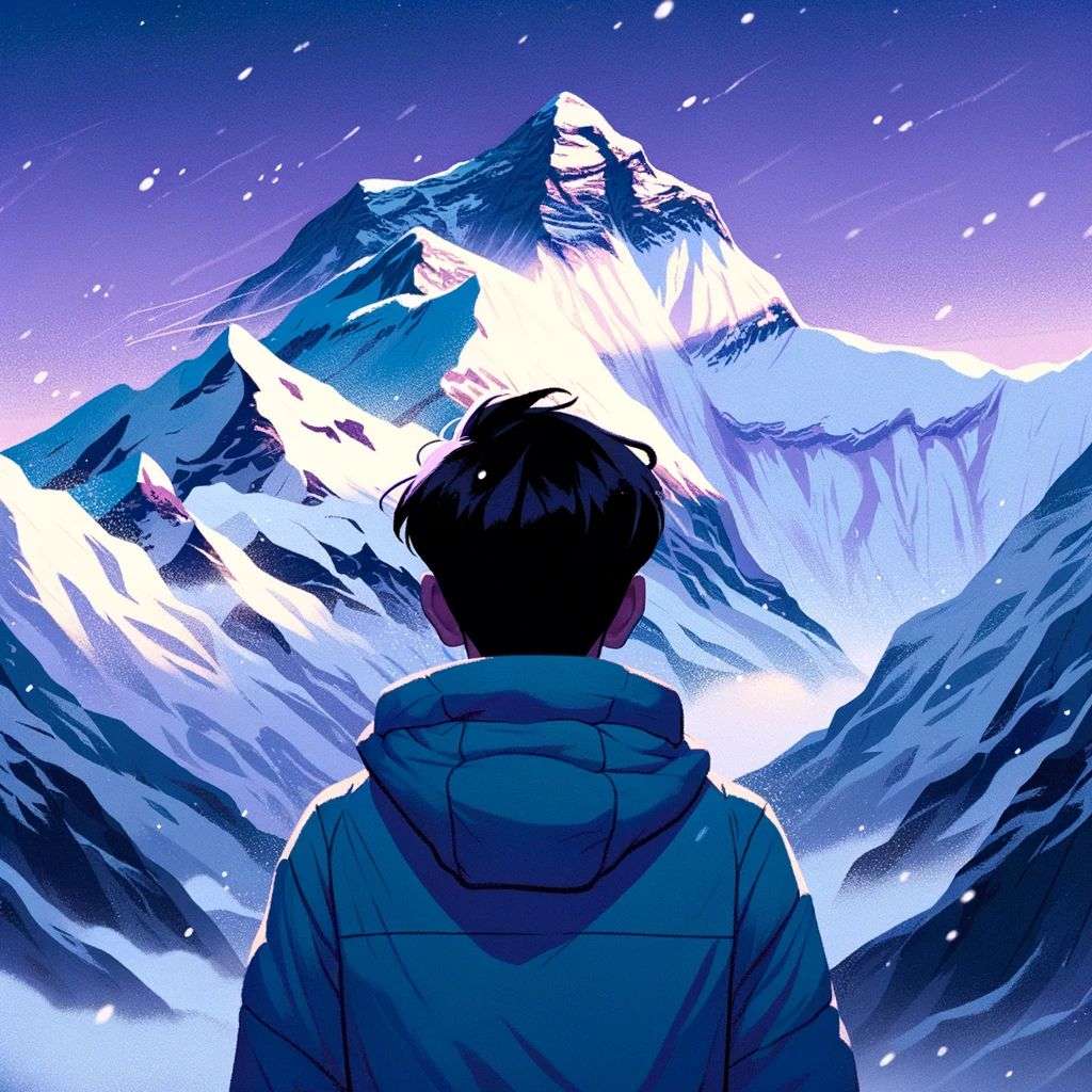 someone gazing at Mount Everest, digital art created in Procreate